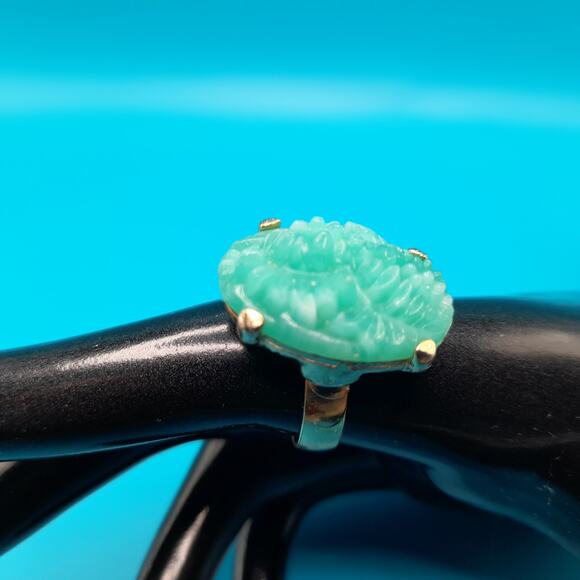 Vintage Faux Jade Flower Carved Ring Adjustable, US Size 8, Gold Tone - Picture 1 of 14